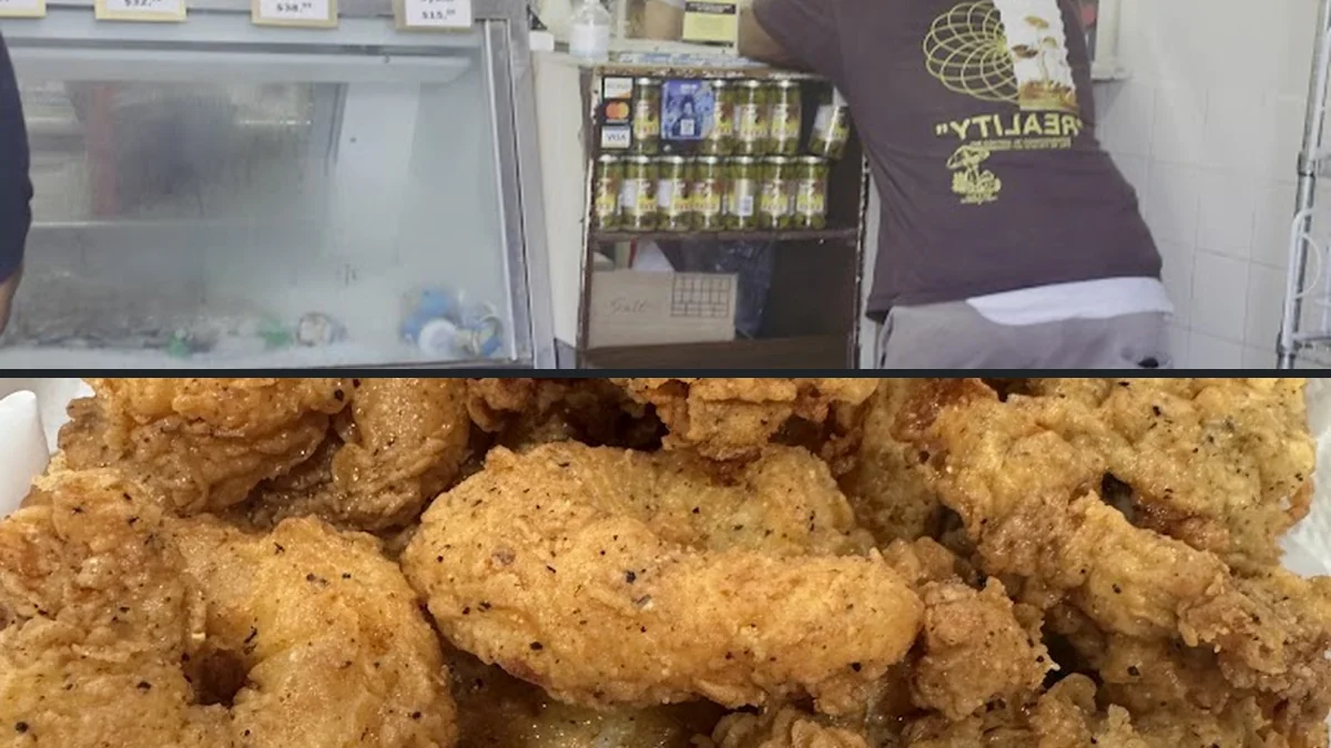 Plates of crispy fish and hush puppies