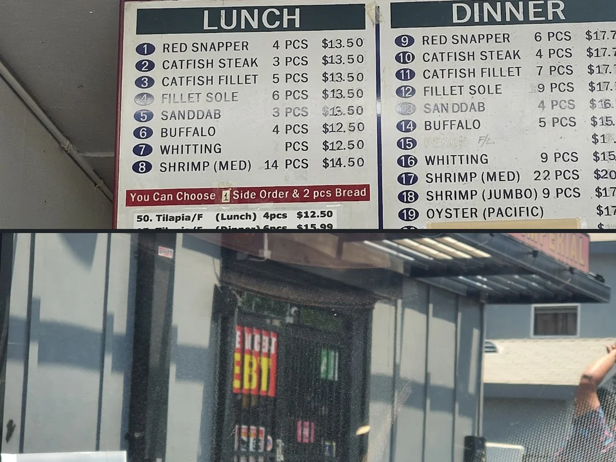 Seafood counter with fried fish and sides