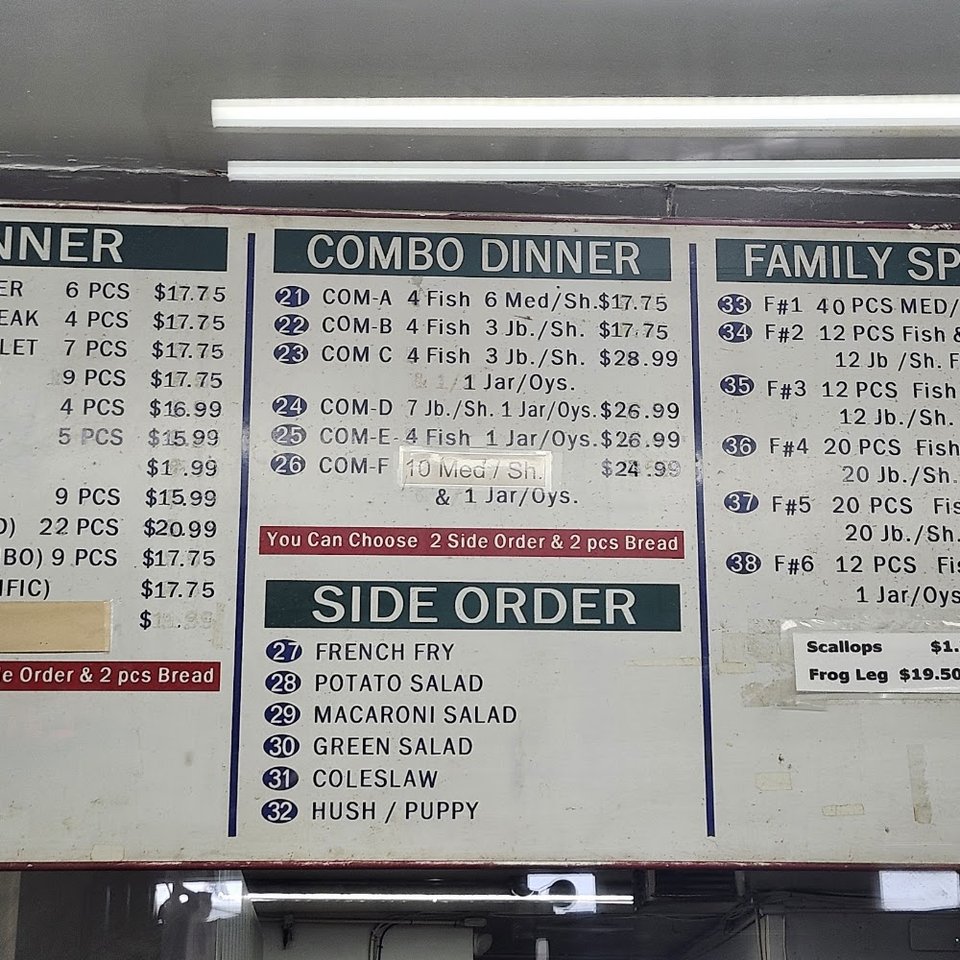 Counter menu listing fried fish options